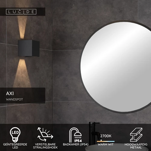 Lucide AXI - Wandspot / Wandlamp Badkamer - LED - 2x7W 2700K - IP54 - Verstelbare stralingshoek - Zwart - USP